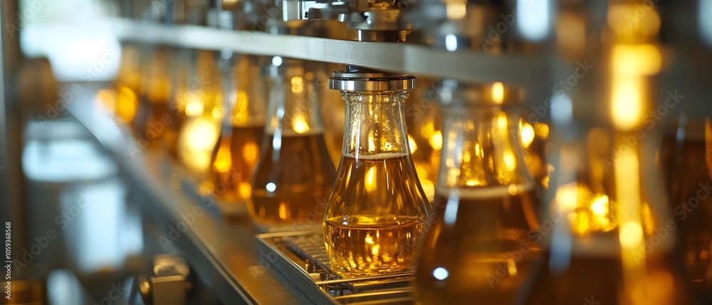 Poster laboratory process with glass flasks filled with liquid