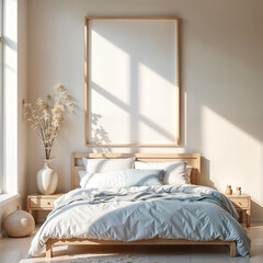 Mock up poster frame in Coastal interior background and Relaxed Decor, bedroom, minimalistic style, template