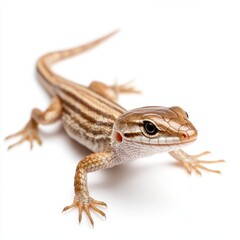 Naklejka premium A small, striped lizard crawls on a white surface, showcasing its detailed scales and alert expression.