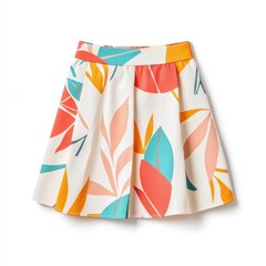 A colorful, patterned skirt featuring vibrant leaves in teal, orange, and pink, perfect for a playful spring or summer outfit.