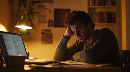Man is sitting at a desk with a laptop and a cup of coffee