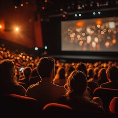 A packed cinema hall with audience engrossed watching a movie on a large screen, creating an engaging ambiance.