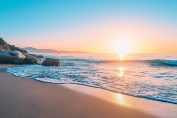 A calm and serene beach is illuminated by the gentle glow of sunrise, creating a peaceful atmosphere.