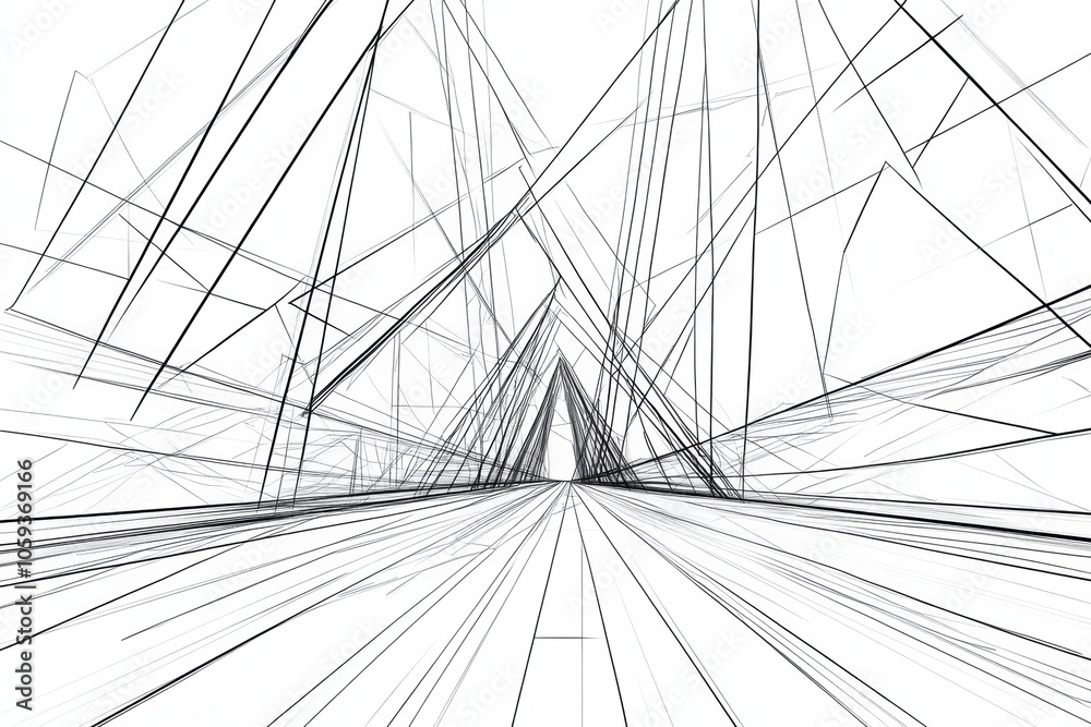 Poster An abstract drawing features a bridge constructed from complex lines and geometric shapes, highlighting its architectural design. Generative AI