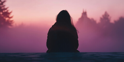 Silhouetted figure sits quietly, surrounded by serene misty dawn hues, evoking thoughts of solitude and reflection.