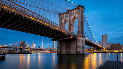 Obraz premium Close-Up View of Brooklyn Bridge at Dusk with Glowing City Lights