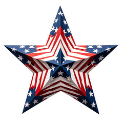 This American flag star symbolizes patriotic USA with red, white, blue stripes and stars on transparent background cutout. PNG file. Mockup template for artwork design.