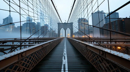 Obraz premium Foggy Morning View of the Brooklyn Bridge with New York Skyline