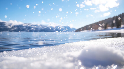 Snowflakes gently landing on frozen lake create serene winter scene