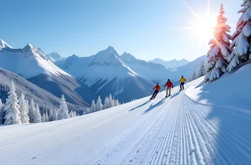 Skiers in the mountains. Ski slope. 