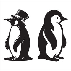 A graphic showing a pair of penguins on a white backdrop. Simple layered graphic drawing that is modifiable. Wild creatures. animals that live in the north.
