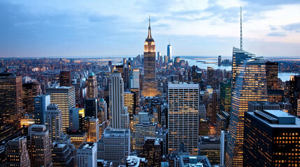 Naklejka premium Night View of Midtown Manhattan with Illuminated Skyscrapers