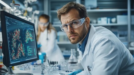 Fototapeta premium Forensic scientist analyzing DNA sequences on a computer screen, closeup of hightech tools