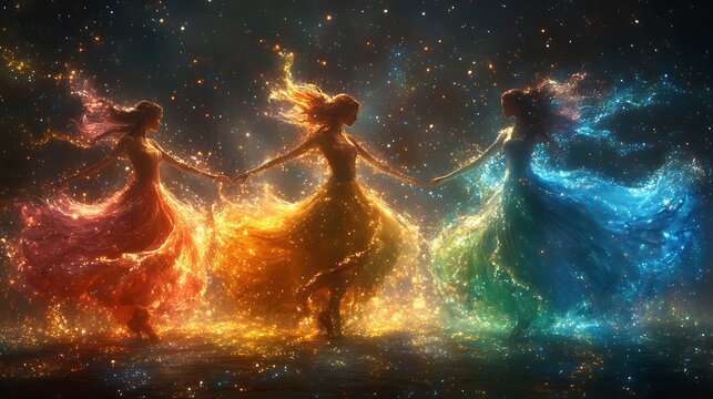 Three ethereal women in flowing gowns of fire, water, and earth dance in a field of sparkling stars.