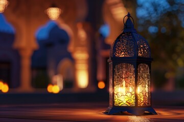 Arabic lantern with candle in mosque for Ramadan greeting card.