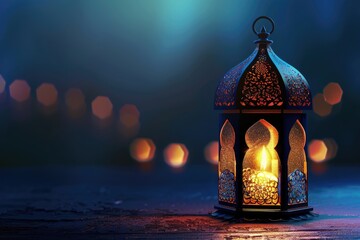 Arabic lantern with candle for Ramadan celebration.