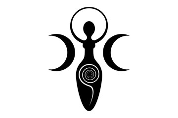 Wiccan Woman Logo triple moon goddess, spiral of fertility, Pagan Symbols, cycle of life, death and rebirth. Wicca mother earth symbol of sexual procreation, vector tattoo sign icon isolated on white