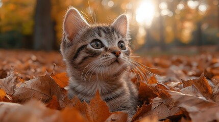 A Curious Kitten Among Autumn Leaves