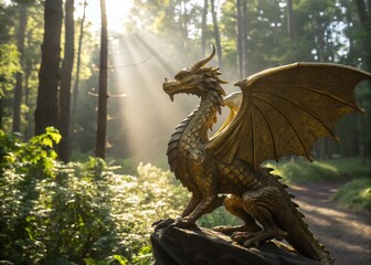 Obraz premium Majestic Goldenwinged Dragon in Serene Forest - Fantasy Creature Photography