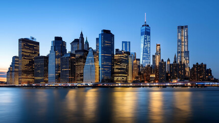 Naklejka premium Iconic Twilight View of the New York Skyline with Skyscrapers Silhouetted