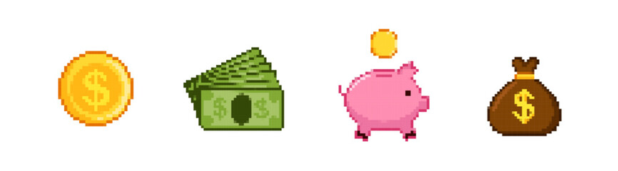 Pixel gold coin and cash set. Stack of green banknotes and piggy bank with bag of money as symbol of business finance and savings vector