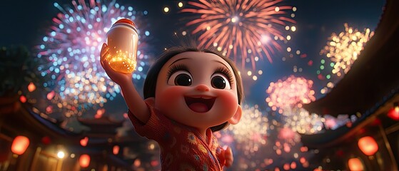 A joyful cartoon girl holds a glowing lantern, her face lit by fireworks in the night sky.
