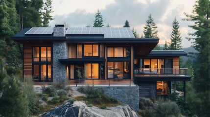 Modern Eco-Friendly Mountain Cabin with Solar Panels and Glass Exterior, Ideal for Sustainable Living, Luxury Retreat, and Nature-Inspired Architecture Concepts