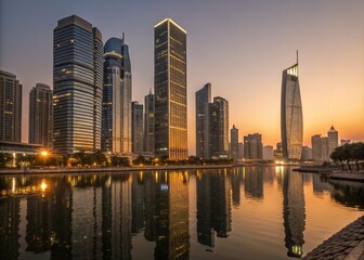 Fototapeta premium Majestic Sunset Reflection of Modern Skyscrapers in Urban Landscape