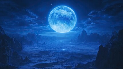 A large blue moon hangs over a desolate, mountainous landscape.