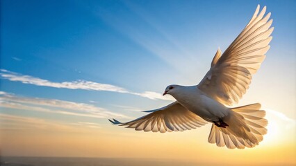 Obraz premium Majestic White Dove in Flight Against a Clear Blue Sky with Golden Sunlight for Peace and Freedom Imagery