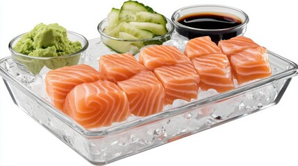 Fresh salmon sashimi slices served on ice with a side of soy sauce and wasabi, capturing Japanese elegance