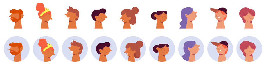 Portrait avatars characters set. Cheerful men and women doodles for comics and web vector account design