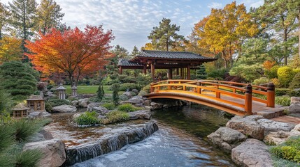 Naklejka premium A Japanese garden with a wooden bridge, flowing stream, and autumn foliage.