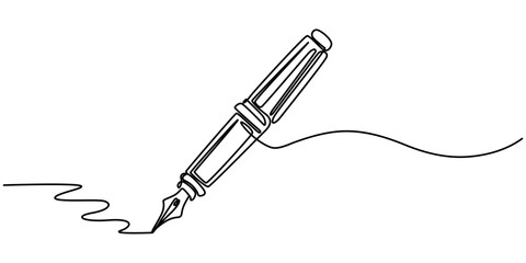 Continuous one line of fountain pen in silhouette on a white background. Linear stylized.Minimalist, Pen, Signature Continuous Line Icon, Fountain pen continuous one line drawing. Writing or signing.