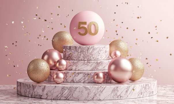 Pink Marble Podium with Confetti and Gold Number 50, 3D Render, Birthday, Celebration, Anniversary