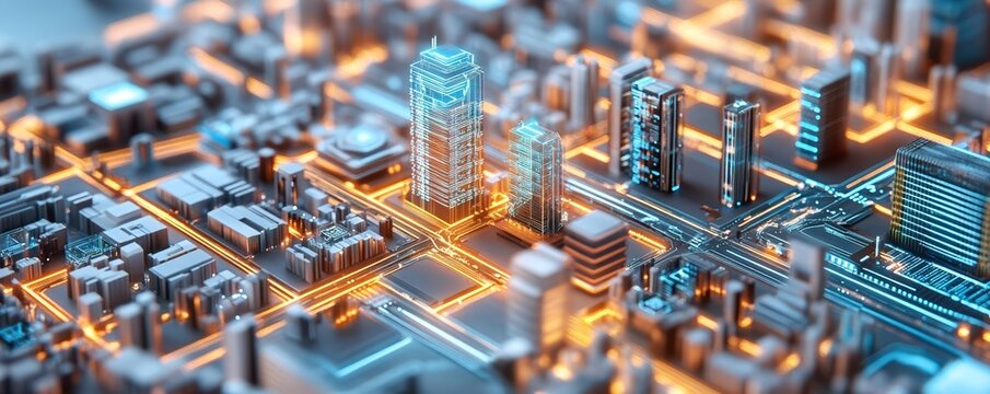 High-tech smart city with towering buildings, interconnected by glowing digital pathways, futuristic architecture and advanced data systems, 3D rendering