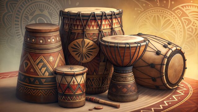 Set of African tribal drums in warm earthy tones