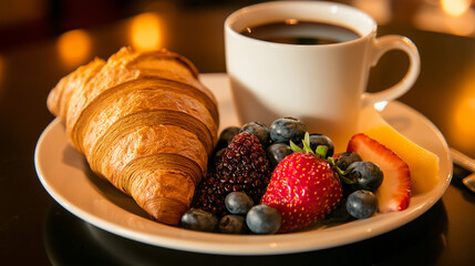 Morning Delight: Buttery Croissant, Fresh Berries, and Aromatic Coffee. A perfect start to the day. 