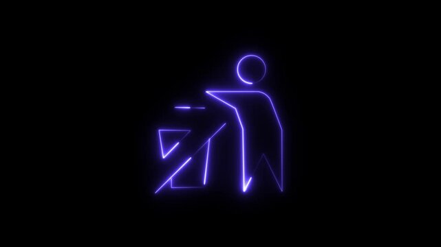 Glowing man icon animation blue color, Neon of waste bins full of different types of garbage, recycling and separate waste collection concepts isolated black background.