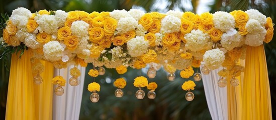 Vibrant yellow and white flowers adorn a traditional Indian wedding mandap.