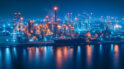 Fototapeta premium Nightfall at the Refinery: A breathtaking aerial view captures the vibrant glow of a massive oil refinery at night, its structures and lights reflecting beautifully on the calm waters. 