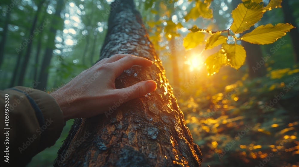 Aufkleber a hand gently rests on the rough bark of a tree in a lush forest during sunset. the warm glow of the