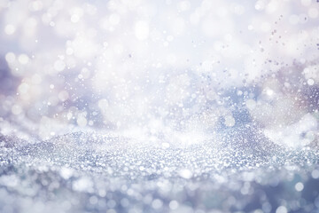 Obraz premium Christmas and New Year snowy background with shining glitter, festive background, exhibitions or presentation of cosmetic products or packaging 