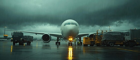 A large passenger jet sits on the tarmac at an airport during a rainstorm. The plane is being serviced by ground crew.