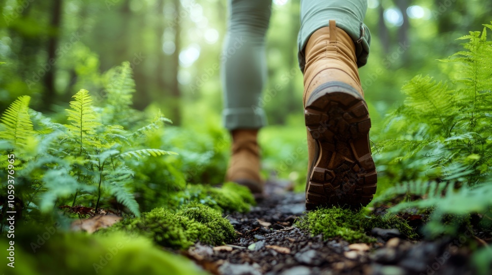 Aufkleber a hiker takes a leisurely stroll along a forest path, surrounded by vibrant greenery, ferns, and sof