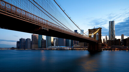 Naklejka premium The Brooklyn Bridge and Manhattan Skyline at Sunset with Vibrant Colors