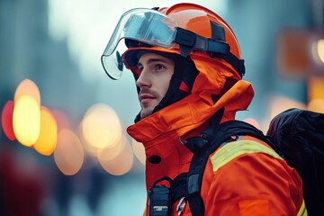 Firefighter in bright protective gear prepares for an emergency response in a bustling city