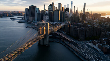 Fototapeta premium The Brooklyn Bridge and Manhattan Skyline at Sunset with Vibrant Colors