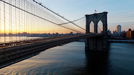 Fototapeta premium The Brooklyn Bridge at Sunset with Golden Light Reflections on the River