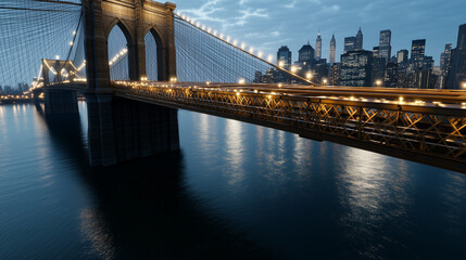 Fototapeta premium The Brooklyn Bridge Illuminated at Night with the Manhattan Skyline